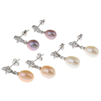 Freshwater Pearl Drop Earring, with Brass, Teardrop, platinum color plated, natural & with rhinestone 7-8mm 