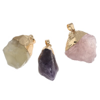 Natural Quartz Pendants, with brass bail, Nuggets, gold color plated - Approx 