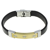 Cowhide Bracelets, Stainless Steel, with Cowhide, plated, flower cut, black, 10mm Approx 8 Inch 
