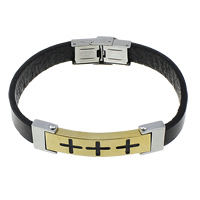 Cowhide Bracelets, Stainless Steel, with Cowhide, plated, with cross pattern & enamel, black, 10mm Approx 8 Inch 