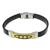 Cowhide Bracelets, Stainless Steel, with Cowhide, plated, enamel, black, 10mm Approx 8.5 Inch 