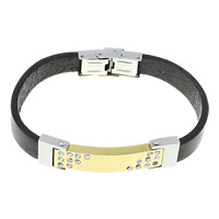 Cowhide Bracelets, Stainless Steel, with Cowhide, plated, with rhinestone, black, 10mm Approx 8 Inch 