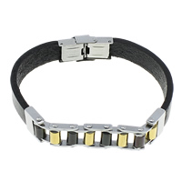 Cowhide Bracelets, Stainless Steel, with Cowhide, plated, black, 10mm, 13mm Approx 8.5 Inch 