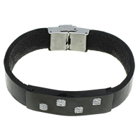 Cowhide Bracelets, Stainless Steel, with Rhinestone Clay Pave & Cowhide, plated, black, 15mm Approx 8 Inch 