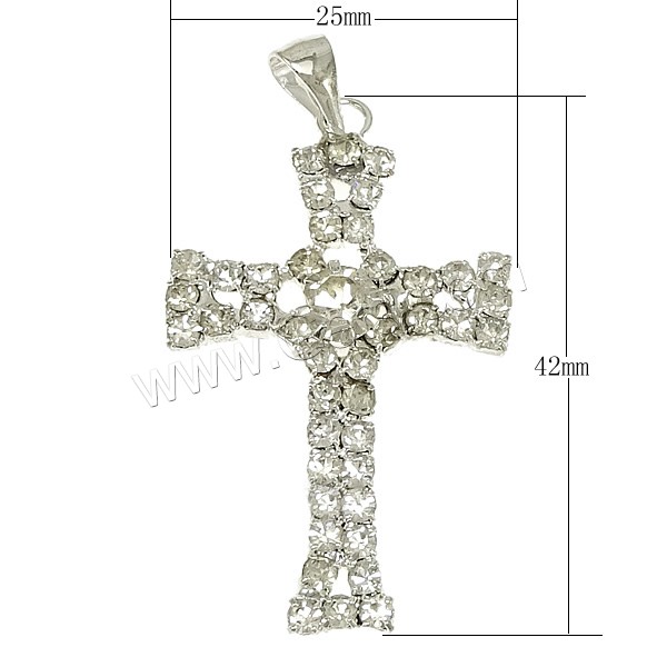 Colgantes de Cruces de latón, metal, chapado, con diamantes de imitación, más colores para la opción, 25x42x4mm, agujero:aproximado 6x4mm, 100PCs/Bolsa, Vendido por Bolsa
