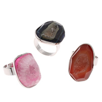 Агат латуни палец кольцо, Ледниковый кварц-агат, с Латунь, Платиновое покрытие платиновым цвет, природный & druzy стиль & регулируемый & разнообразный - размер:8, продается PC