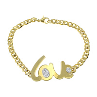 Stainless Steel Chain Bracelets, with Rhinestone Clay Pave, word love, gold color plated, curb chain  Approx 8 Inch 