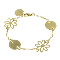 Bracelet en acier inoxydable, fleur, Placage de couleur d'or, bracelet à breloques & chaîne ovale 2mm Environ 7.5 pouce, Vendu par brin
