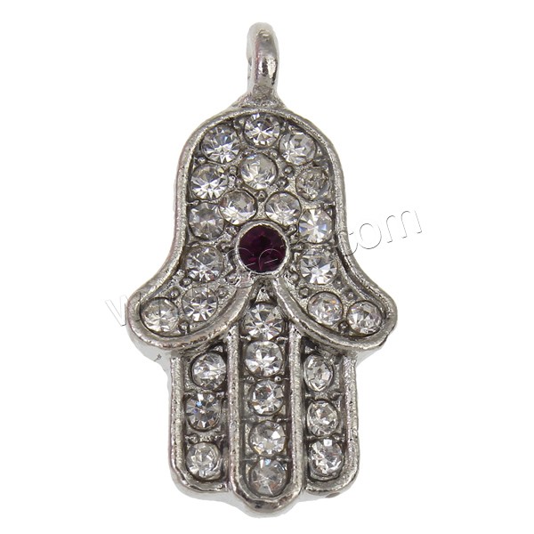 Zinc Alloy Hamsa Pendants, plated, Islamic jewelry & with rhinestone, more colors for choice, nickel, lead & cadmium free, 13x25x3mm, Hole:Approx 2mm, Sold By PC