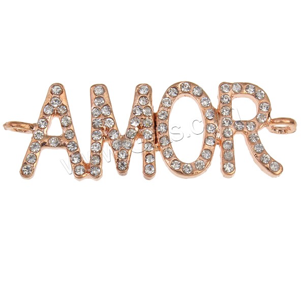 Letter Zinc Alloy Connector, word Amor, plated, with rhinestone & 1/1 loop, more colors for choice, nickel, lead & cadmium free, 46x15x2mm, Hole:Approx 2mm, Sold By PC