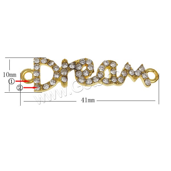 Letter Zinc Alloy Connector, word dream, plated, with rhinestone & 1/1 loop, more colors for choice, nickel, lead & cadmium free, 41x10x2mm, Hole:Approx 2mm, Sold By PC