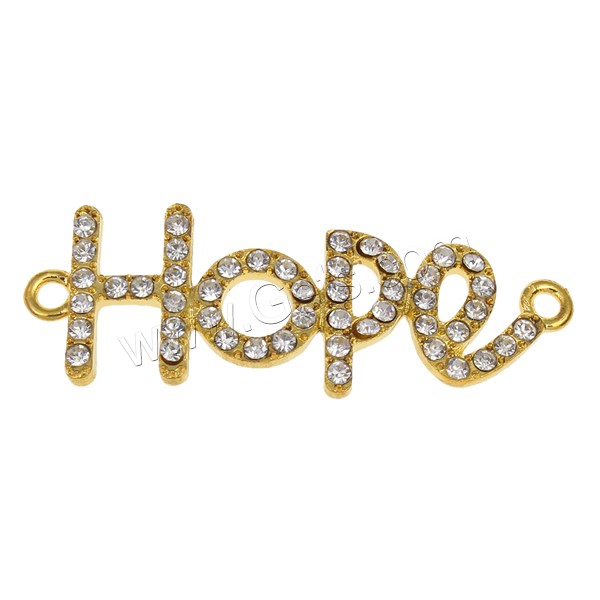 Letter Zinc Alloy Connector, word hope, plated, with rhinestone & 1/1 loop, more colors for choice, nickel, lead & cadmium free, 46x17x2mm, Hole:Approx 2mm, Sold By PC