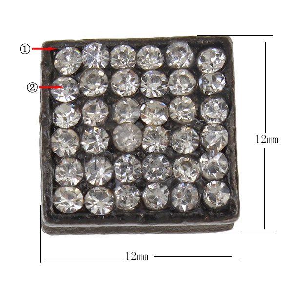 Zinc Alloy Slide Charm, Square, plated, with rhinestone, more colors for choice, nickel, lead & cadmium free, 12x12x6mm, Hole:Approx 3x7mm, Sold By PC