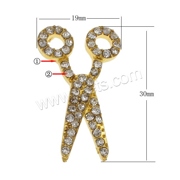 Zinc Alloy Scissors Pendants, plated, with rhinestone, more colors for choice, nickel, lead & cadmium free, 19x30x5mm, Hole:Approx 1mm, Sold By PC