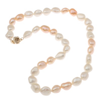 Natural Freshwater Pearl Necklace, brass box clasp, Baroque & two tone, 9-10mm 