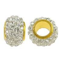 Rhinestone Clay Pave Beads, Zinc Alloy, with Rhinestone Clay Pave, Drum, gold color plated, large hole, white Approx 7mm 