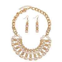 Rhinestone Zinc Alloy Jewelry Set, earring & necklace, with ABS Plastic Pearl & iron chain, brass earring hook, with 5cm extender chain, gold color plated, curb chain & with rhinestone, nickel, lead & cadmium free, 40mm,10-40mm Approx 15.5 Inch 