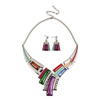 Enamel Zinc Alloy Jewelry Sets, earring & necklace, with iron chain & Acrylic, zinc alloy lobster clasp, stainless steel post pin, with 9cm extender chain, platinum color plated, twist oval chain, multi-colored, nickel, lead & cadmium free, 65mm,20-30mm Approx 15.5 Inch 