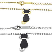 Stainless Steel Jewelry Necklace, with Resin, with 2.5lnch extender chain, Cat, plated, oval chain Approx 15.5 Inch 