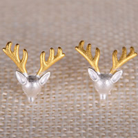 Sterling Silver Stud Earring, 925 Sterling Silver, Deer, plated, two tone 