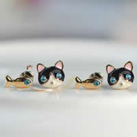 Asymmetric Earrings, Zinc Alloy, stainless steel post pin, Cat and Fish, gold color plated, enamel & with rhinestone, nickel, lead & cadmium free, 9mm, 10mm [