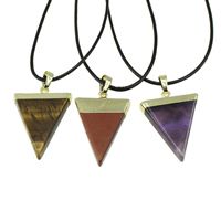 Gemstone Necklaces, with PU Leather & Brass, with 2lnch extender chain, Triangle, plated, natural Approx 17 Inch 