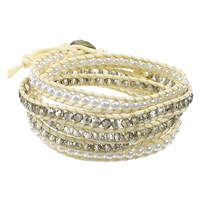 Wrap Bracelets, Crystal, with Waxed Cotton Cord & South Sea Shell, brass clasp, platinum color plated, natural & adjustable &  & faceted, 4mm, 4mm .5-36 Inch 