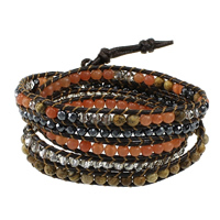 Wrap Bracelets, Gemstone, with cowhide cord & Non Magnetic Hematite & Crystal, brass clasp, platinum color plated, natural & adjustable &  & faceted .5-36 Inch 