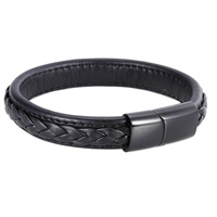 Cowhide Bracelet, stainless steel clasp, black ionic, braided bracelet & for man, black, 12mm Approx 8.2 Inch 