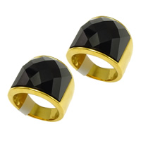 Stainless Steel Finger Ring, with Glass, gold color plated & faceted, black, 19mm 