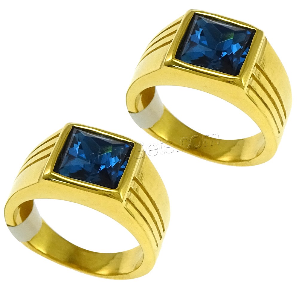 Stainless Steel Finger Ring, with Glass, gold color plated, different size for choice & faceted, blue, 10mm, Sold By PC