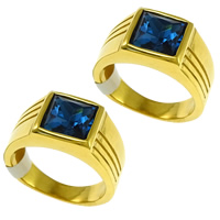 Stainless Steel Finger Ring, with Glass, gold color plated & faceted, blue, 10mm 