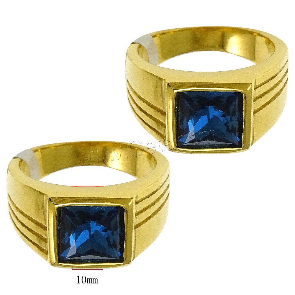 Stainless Steel Finger Ring, with Glass, gold color plated, different size for choice & faceted, blue, 10mm, Sold By PC