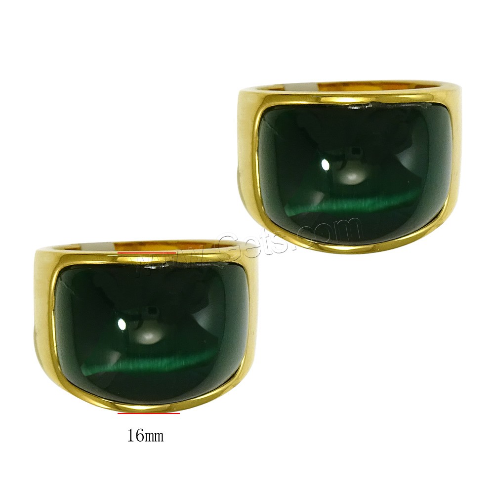 Stainless Steel Finger Ring, with Cats Eye, gold color plated, different size for choice, green, 16mm, Sold By PC