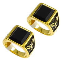 Stainless Steel Finger Ring, with Glass, gold color plated & faceted & blacken, black, 15mm 
