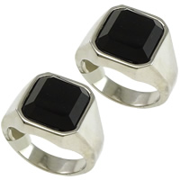 Stainless Steel Finger Ring, with Glass & faceted, black, 17mm 