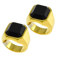 Stainless Steel Finger Ring, with Glass, gold color plated & faceted, 17mm 