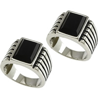 Stainless Steel Finger Ring, with Glass & faceted & blacken, black, 14mm 