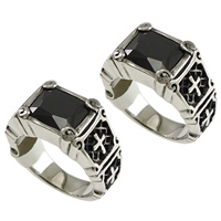 Stainless Steel Finger Ring, with Glass & faceted & blacken, black, 11mm 