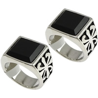 Stainless Steel Finger Ring, with Glass & faceted & blacken, black, 15mm 