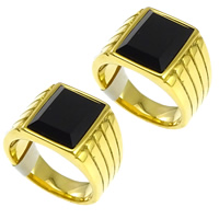 Stainless Steel Finger Ring, with Glass, gold color plated & faceted, black, 15mm 