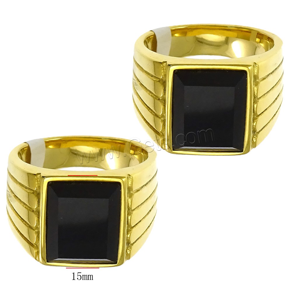 Stainless Steel Finger Ring, with Glass, gold color plated, different size for choice & faceted, black, 15mm, Sold By PC