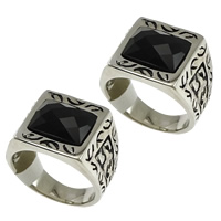 Stainless Steel Finger Ring, with Glass & faceted & blacken, black, 15mm 