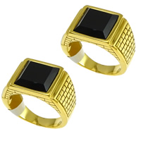 Stainless Steel Finger Ring, with Glass, gold color plated & faceted, black, 13mm 