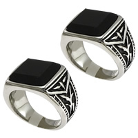 Stainless Steel Finger Ring, with Glass & faceted & blacken, black, 14mm 