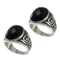 Stainless Steel Finger Ring, with Glass & faceted & blacken, black, 18mm 