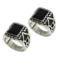 Stainless Steel Finger Ring, with Glass & faceted & blacken, black, 17mm 