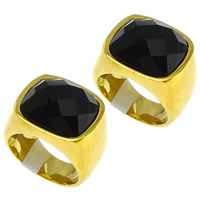Stainless Steel Finger Ring, with Glass, gold color plated & faceted, black, 16mm 