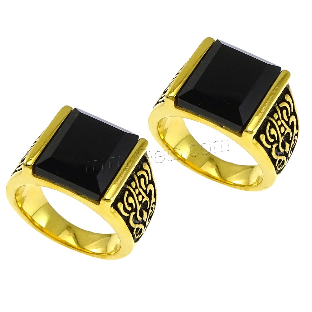 Stainless Steel Finger Ring, with Glass, gold color plated, different size for choice & faceted & blacken, black, 14mm, Sold By PC