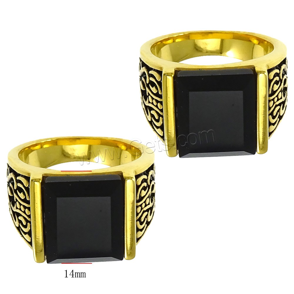 Stainless Steel Finger Ring, with Glass, gold color plated, different size for choice & faceted & blacken, black, 14mm, Sold By PC